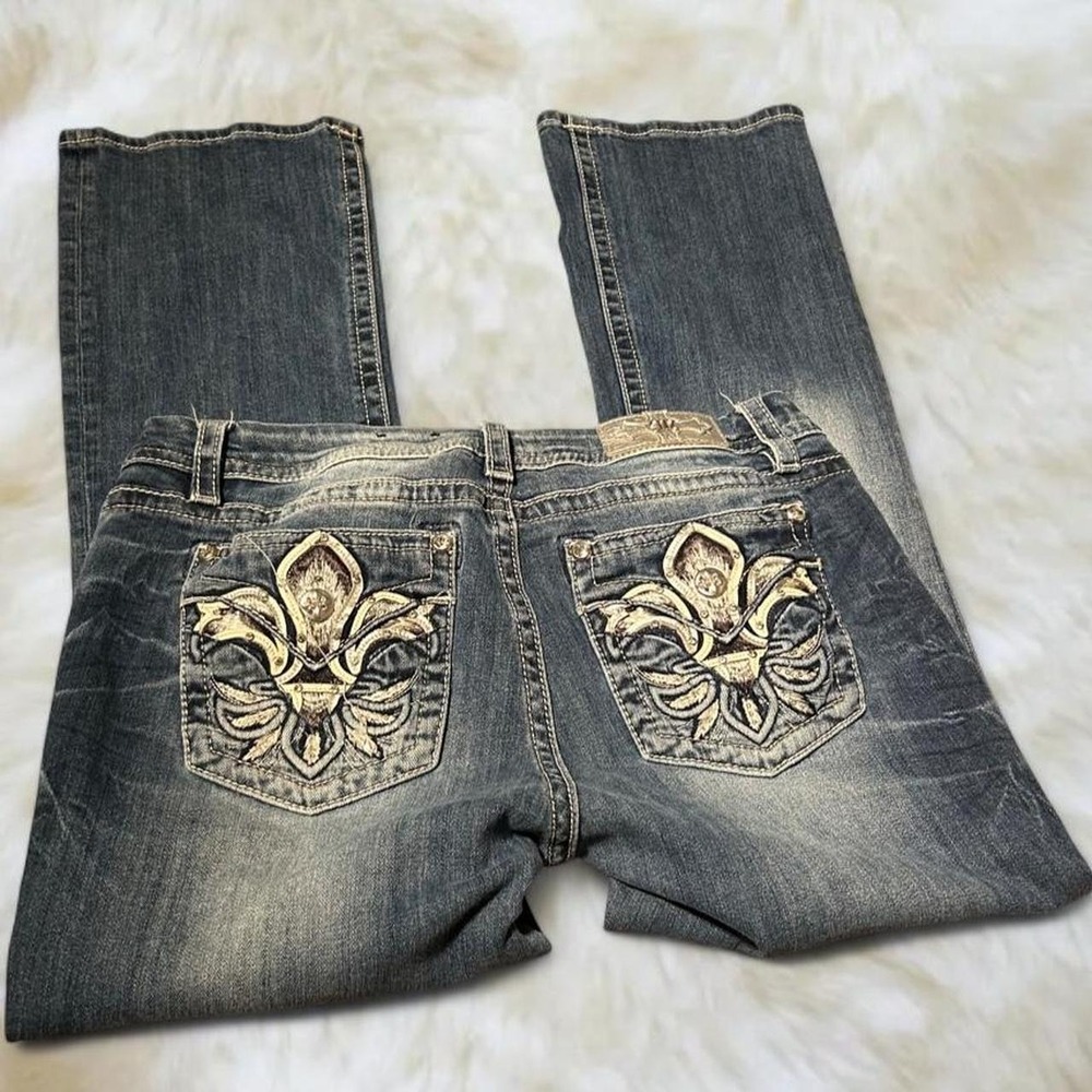 Miss Me Fleur-de-Lis Bootcut Jeans Mid Rise Blue Embellished Y2K 32 E3304EBR